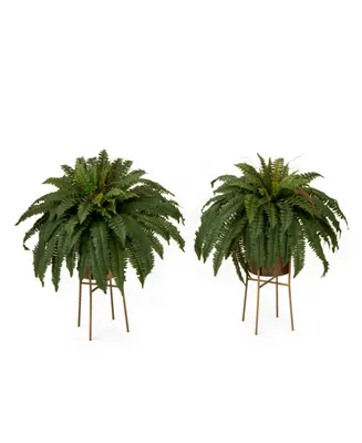 Nearly Natural 32" Artificial Boston Fern Plant with Metal Planter with Stand Diy Kit Set of 2