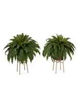 Nearly Natural 32" Artificial Boston Fern Plant with Metal Planter with Stand Diy Kit Set of 2