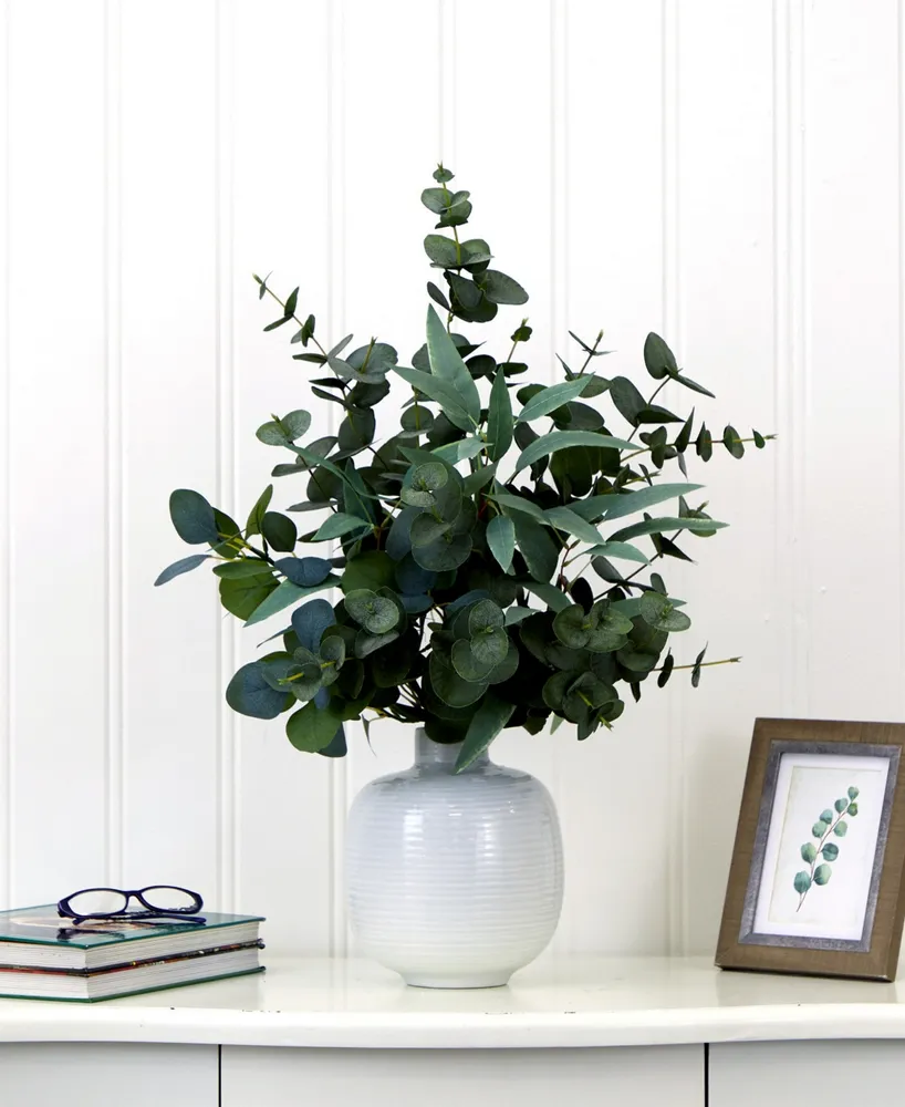 Nearly Natural 24" Artificial Eucalyptus Leaves Arrangement with Ceramic Planter