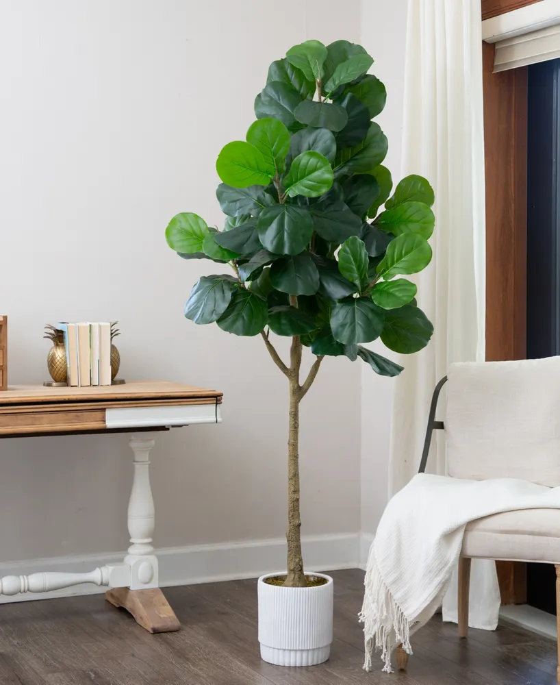 Nearly Natural 72" Artificial Fiddle Leaf Fig Tree with Decorative Planter