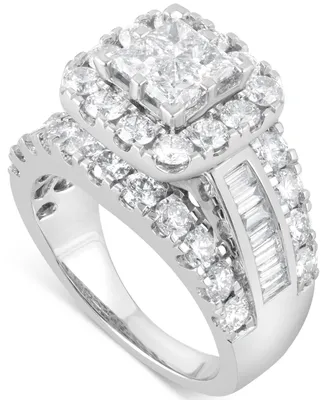 Diamond Princess Shaped Cluster Halo Triple Row Engagement Ring (4 ct. t.w.) in 14k White Gold