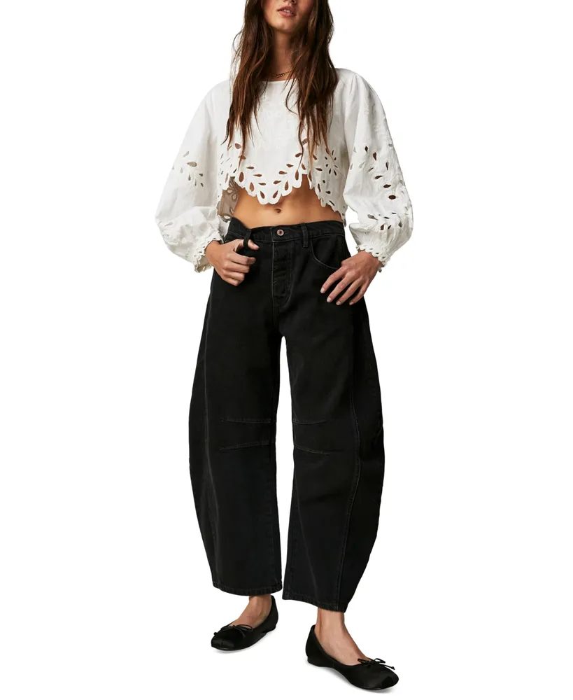 We the Free High Rise Cropped Wide Leg Barrel Jeans in Soundwaves