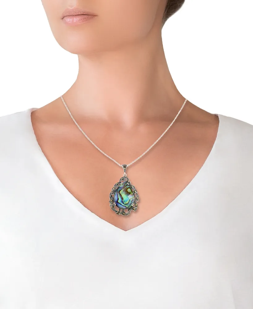 Marcasite and Abalone Doublet Teardrop Pendant+18" Chain in Sterling Silver