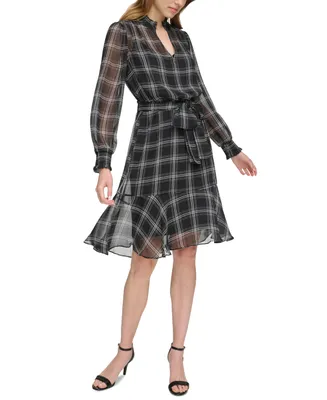 Tommy Hilfiger Women's Check Long-Sleeve Flounce-Hem Dress