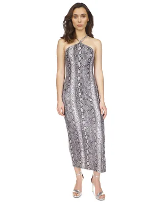 Michael Michael Kors Women's Snakeskin-Print Chain Halter Maxi Dress