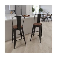 Donnelly Metal Dining Stool With Curved Slatted Back And Textured Wood Seat