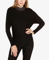 Belldini Women's Embellished Neck Ribbed Dolman Sweater