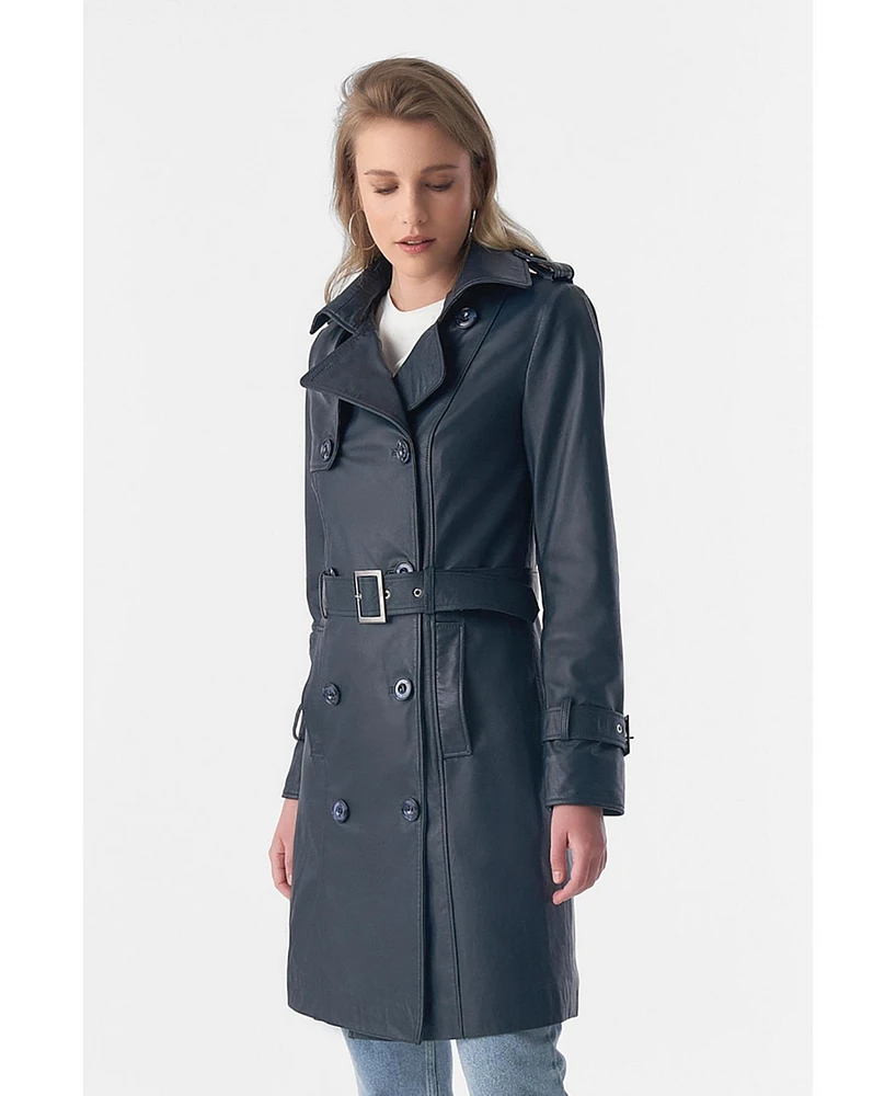 Furniq Uk Women's Genuine Leather Trench Coat, Navy