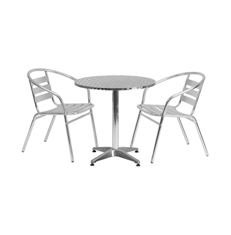 Emma+Oliver 27.5'' Round Aluminum Indoor-Outdoor Table Set With 2 Slat Back Chairs