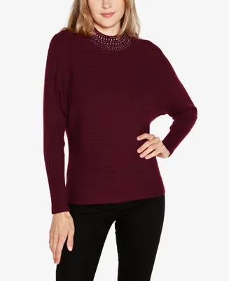 Belldini Women's Embellished Neck Ribbed Dolman Sweater