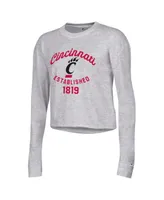 Women's Champion Heather Gray Cincinnati Bearcats Boyfriend Cropped Long Sleeve T-shirt