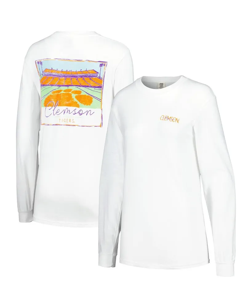 Women's White Distressed Clemson Tigers Hand-Drawn Stadium Comfort Colors Oversized Long Sleeve T-shirt