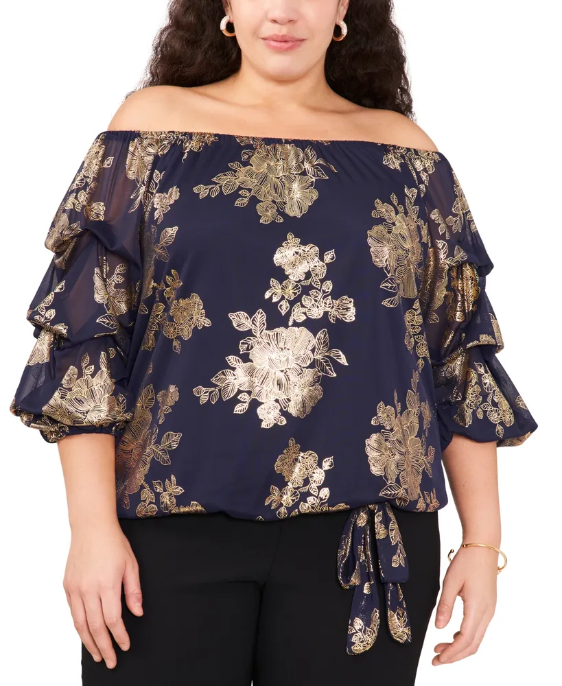 Msk Plus Floral Foil Off-The-Shoulder Lantern-Sleeve Top