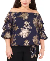 Msk Plus Floral Foil Off-The-Shoulder Lantern-Sleeve Top