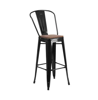 Merrick Lane Donnelly Metal Dining Stool With Curved Slatted Back And Textured Wood Seat