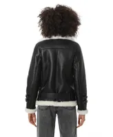 Furniq Uk Women's Shearling Belted Biker Jacket, Silky Black with White Wool