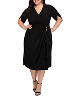 Kiyonna Plus Eden Midi Faux Wrap Dress with Draped Sleeves