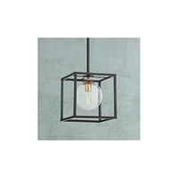 Possini Euro Design Delaney Black Burnished Brass Mini Pendant Light 8" Wide Modern Square Cage Round Clear Glass Shade Fixture Dining Room House Entr