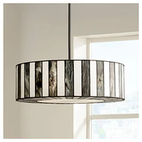 Robert Louis Tiffany Black Tiffany Style Drum Pendant Chandelier 20" Wide Black White Striped Art Glass 4-Light Fixture for Dining Room House Foyer Ki