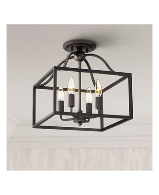 Franklin Iron Works Elle Farmhouse Rustic Close To Ceiling Light Semi-Flush Mount Fixture Black 13" Wide 4-Light Open Square Cage for House Bedroom Ha