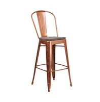 Sarah 30" Metal Indoor-Outdoor Counter Stool With Vertical Slat Back, Integrated Footrest And Wood Seat