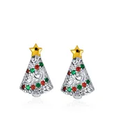 Bling Jewelry Holiday Golden Star Winter Red Green Cubic Zirconia Cz Sparkly Christmas Tree Stud Earrings For Women