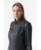 Furniq Uk Women's Genuine Leather Riser Biker Jacket, Black