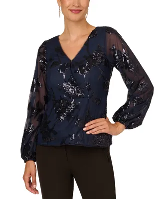 Adrianna Papell Women's Floral Sequined V-Neck Top