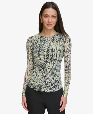 Dkny Women's Shirred Abstract-Print Long-Sleeve Top