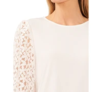 CeCe Women's Solid Lace-3/4-Sleeve Knit Crewneck Top