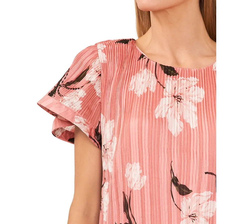 CeCe Women's Pleated Floral Print Short Sleeve Blouse