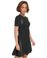 Dkny Women's Studded Mixed-Media Fit & Flare Dress