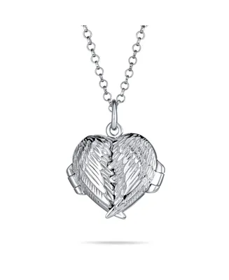 Bling Jewelry Dome Small Dome Protection Guardian Angel Wing Feathered Heart Shaped Keepsake Locket Holds Photos Pictures .925 Silver Necklace Pendant