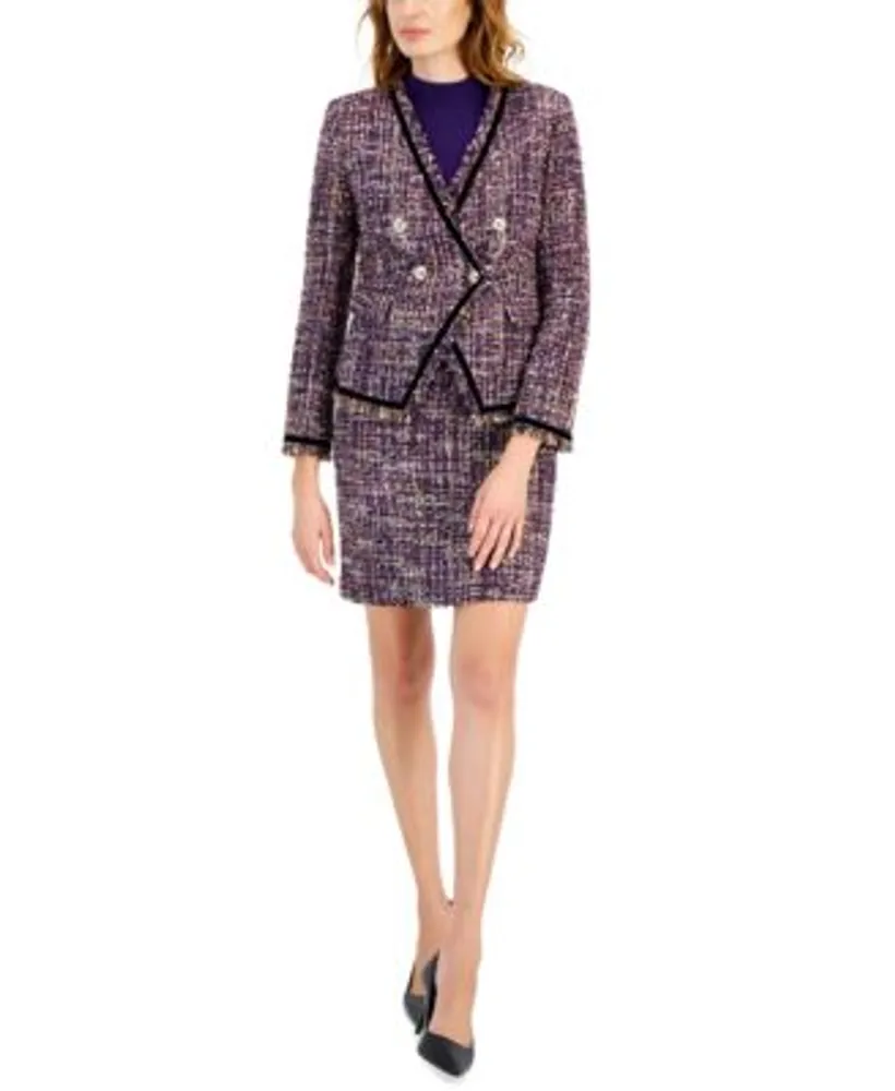 Tahari Asl Womens Velvet Trim Double Breasted Tweed Blazer Short Sleeve Mock Neck Top Boucle Pencil Skirt