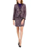 Tahari Asl Womens Velvet Trim Double Breasted Tweed Blazer Short Sleeve Mock Neck Top Boucle Pencil Skirt