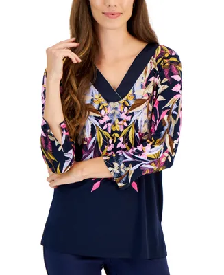 Jm Collection Women's 3/4 Sleeve Printed Satin-Trim Top, Created for Macy's