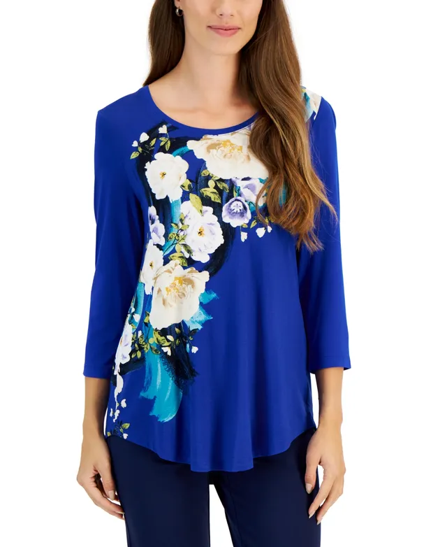Jm Collection Women's Floral-Print Pleated-Shoulder Top, Created