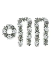 Glitzhome 24" D Pre-Lit Snow Flocked Greenery Pine Poinsettia Christmas Wreath, Set of 3