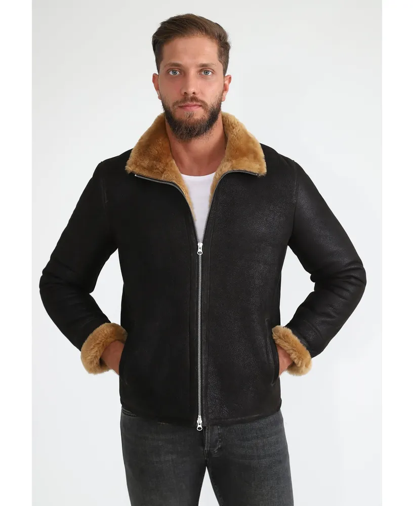 Furniq Uk Men's Shearling Casual Jacket, Washed Brown with Ginger Wool