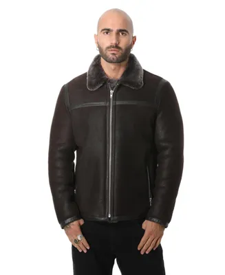 Men's Leather Banded Sheepskin Casual Jacket, Washed Brown with Brissa Wool