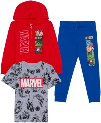 Hybrid Toddler Boys Marvel Hoodie, T-shirt and Joggers, 3 Piece Set