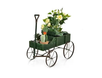 Slickblue Wooden Wagon Plant Bed with Metal Wheels for Garden Yard Patio