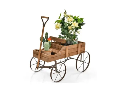 Slickblue Wooden Wagon Plant Bed with Metal Wheels for Garden Yard Patio