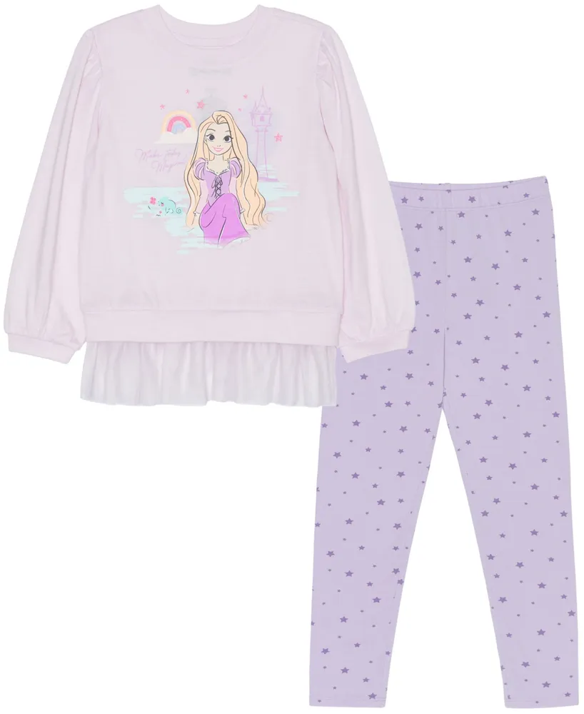 Disney Little Girls Rapunzel Long Sleeve Mesh Peplum with Leggings Set