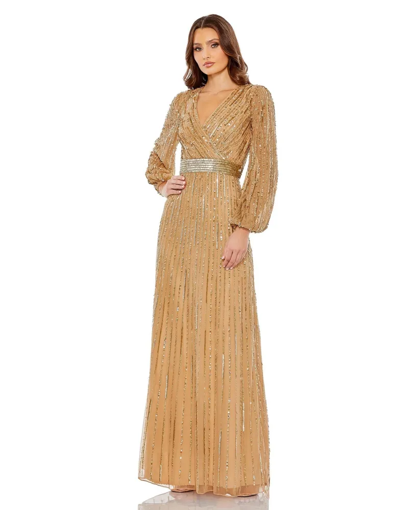 Women's Sequined Wrap Over Puff Sleeve Gown