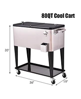 Costway Patio Cooler Rolling Outdoor Stainless Steel Ice Beverage Chest Pool