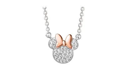 Disney Womens Minnie Mouse Silver Plated Cubic Zirconia Necklace, 16+2"