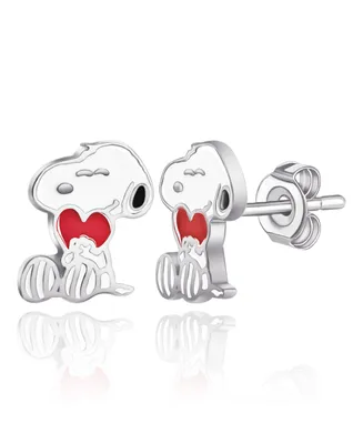 Peanuts Silver Plated and Enamel Snoopy with Heart Stud Earrings