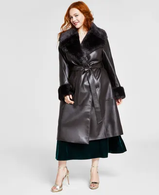 Via Spiga Women's Plus Size Faux-Leather Faux-Fur-Trim Trench Coat