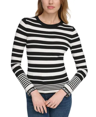 Dkny Jeans Women's Striped Logo-Cuff Crewneck Sweater
